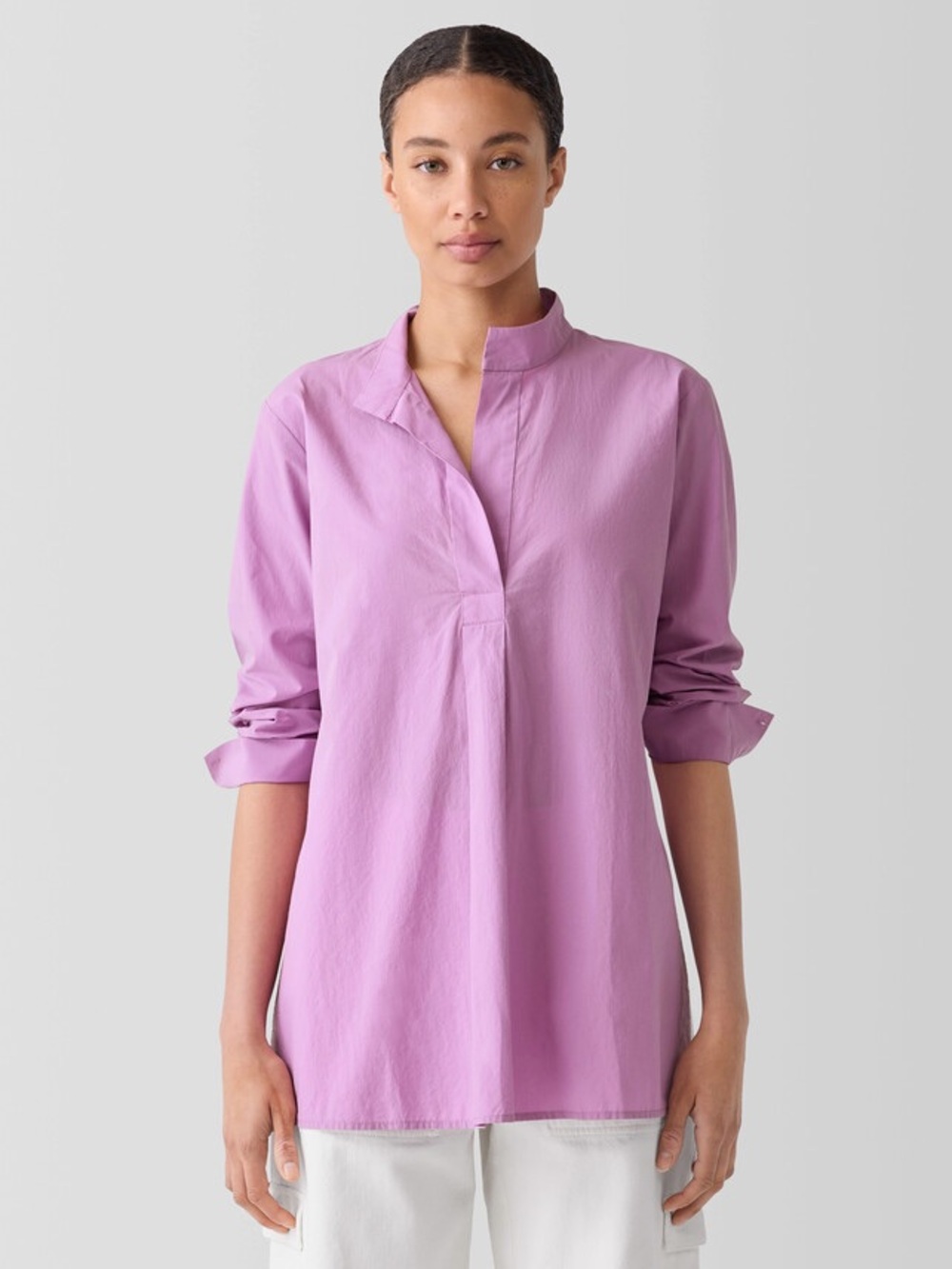 Eileen Fisher Washed Organic Cotton Poplin Stand Collar Top Amethyst XL